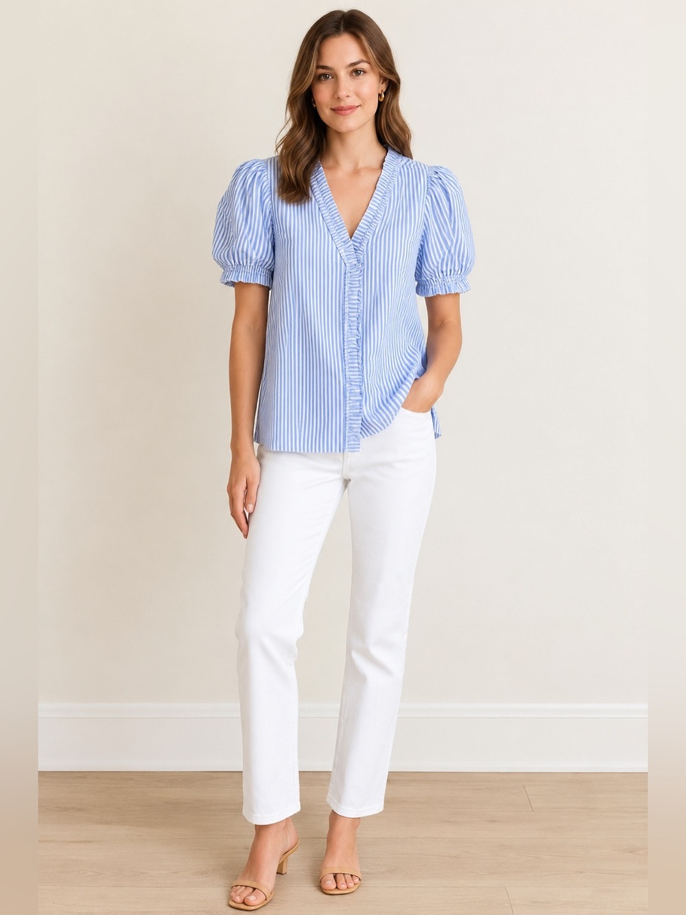 J. Crew Blue and White Striped Ruffle V-Neck Puff Sleeve Blouse